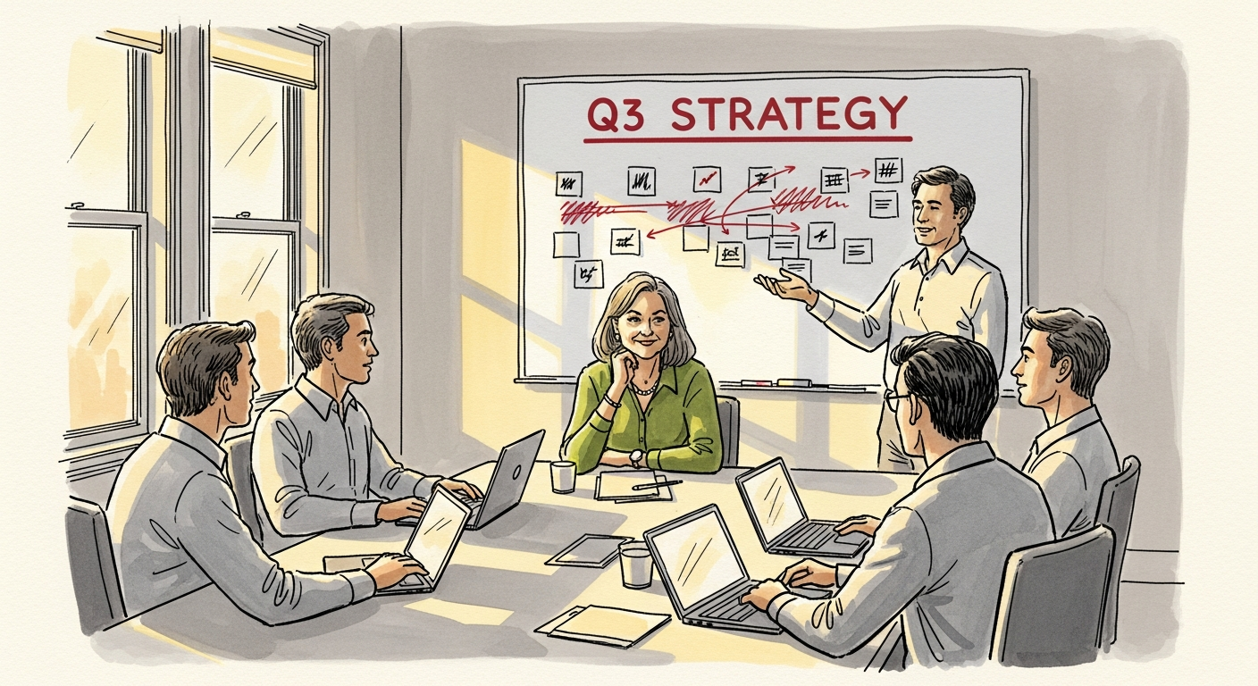 Editorial watercolor illustration of a small conference room. A woman in her early 50s — a CPO — sits at the head of a rectangular table, chin resting on her knuckle with a patient wry expression. A Group PM stands at the whiteboard behind her, gesturing while presenting. Four other Group PMs sit around the table with laptops open. The whiteboard shows a 'Q3 STRATEGY' header in deep red, with several scratched-out and overwritten sticky-note-style annotations below. Warm afternoon light through a window on the left.