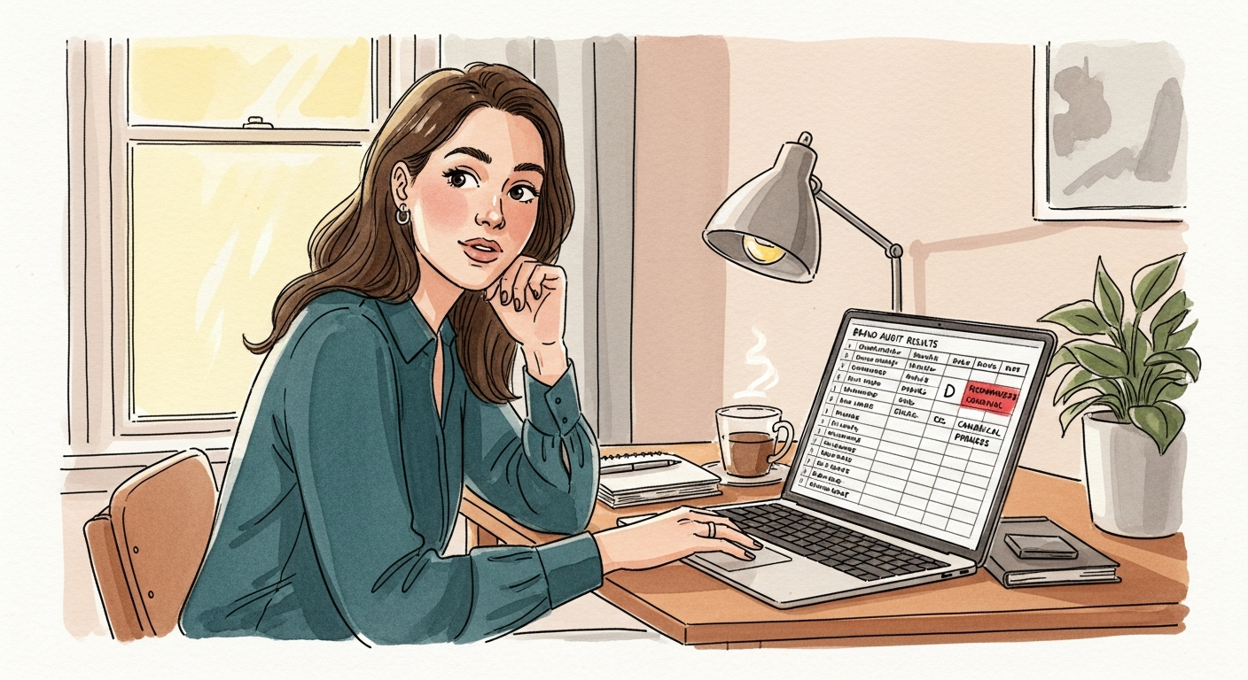 Editorial watercolor illustration of a Director of Brand at her laptop on a Monday afternoon. She is in her late 30s, leaning slightly back from the screen with one hand still resting on the keyboard. The laptop screen shows a spreadsheet with rows of brand-voice audit results, the active cell highlighted in column D. Warm late-afternoon light through a window. Her expression is one of caught-off-guard recognition — not triumph, not surprise, something quieter.