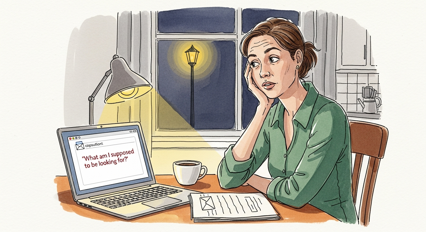 Editorial illustration of a woman in her 40s at a kitchen table late at night. Laptop open in front of her; the email composition on the screen has the subject line 'What am I supposed to be looking for?' visible at the top. Coffee cup half-empty; a streetlamp visible through the window behind her. Her expression is tired but curious, chin resting on her hand.