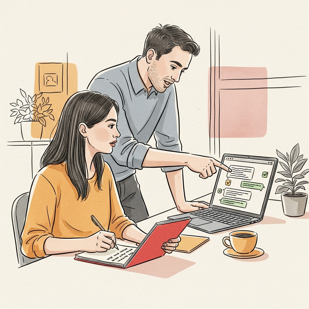 Editorial watercolor illustration of a man in his early 40s standing at a whiteboard, gesturing while explaining something to a colleague seated nearby with a laptop. The whiteboard shows diagrams and notes. Warm ink linework on cream background.