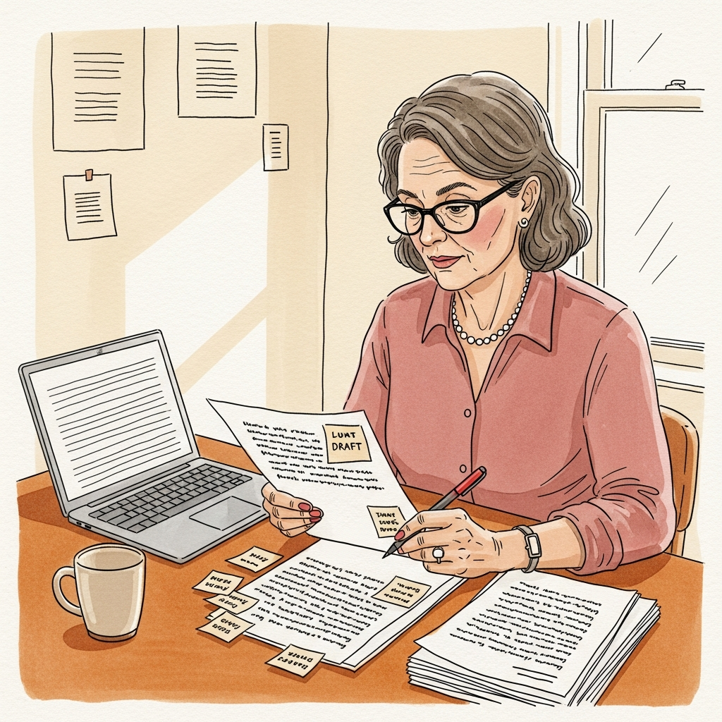 Editorial watercolor illustration of a woman in her late 40s reviewing printed documents at a desk. She wears glasses and a blush-pink blouse, with a laptop open beside her and a coffee mug nearby. Papers and annotated drafts are spread across the desk. Warm office light.