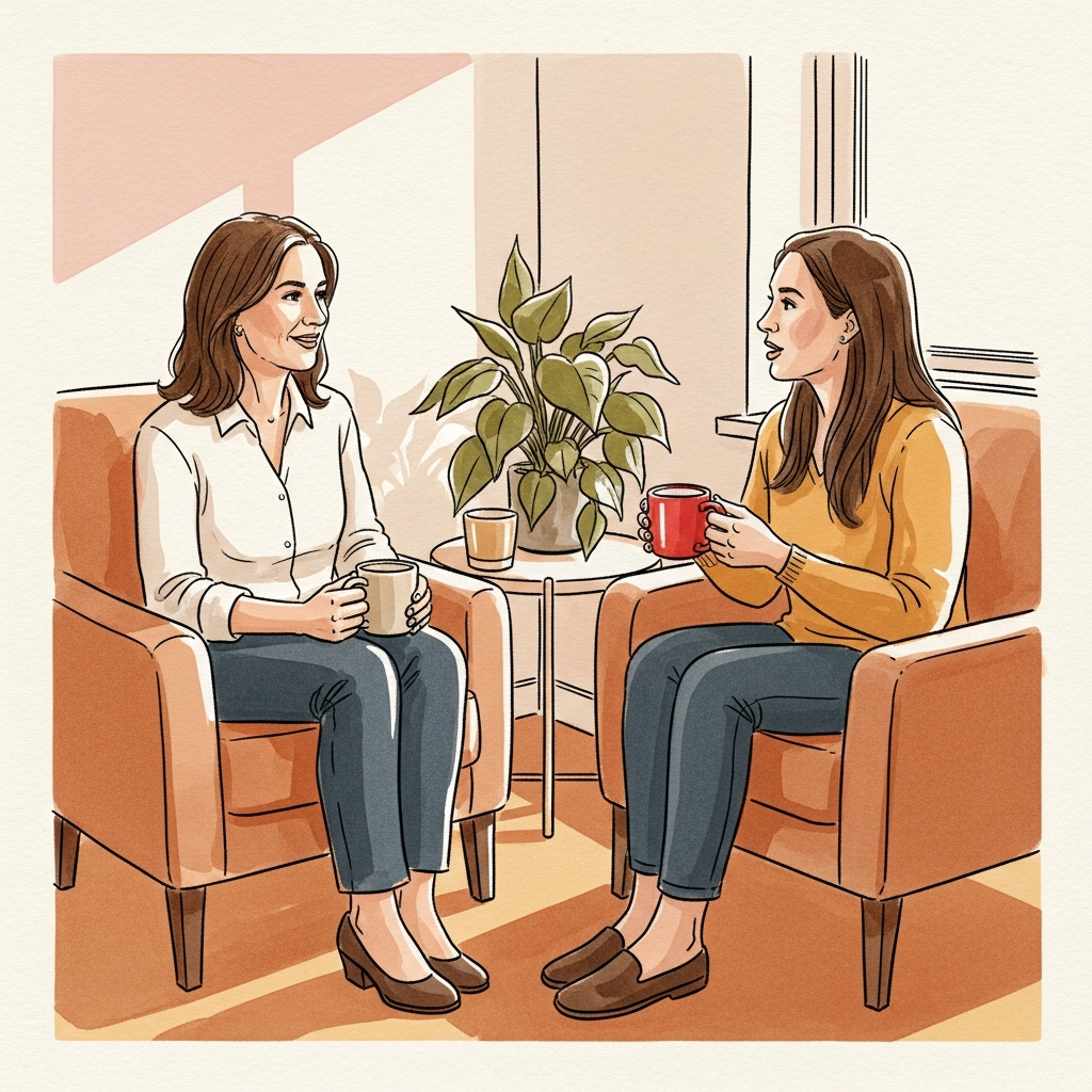 Editorial watercolor illustration of a woman in her mid-30s sitting across from a colleague in a casual one-on-one setting. She is leaning forward, listening intently, with warmth in her expression. Plants and natural light in the background.