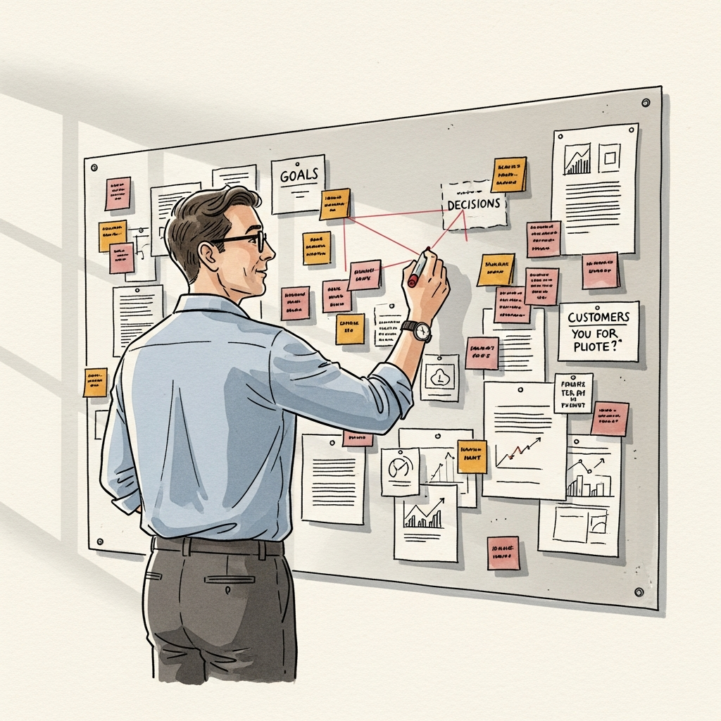 Editorial watercolor illustration of a man in a blue shirt standing at a large wall board, connecting documents, strategy cards, and decision notes with red thread. The board shows labeled cards for Goals, Decisions, and Customer segments. Warm office light.